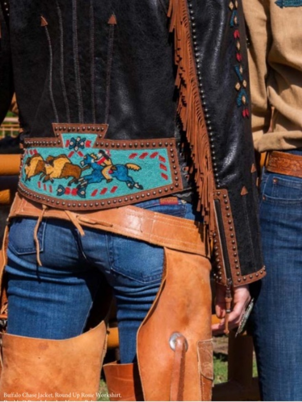 Double D Ranch leather Buffalo Chase Jacket studs beaded buffalo horse cowboy
